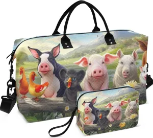 Cute Pig Animals Duffle Travel Bag Cosmetic Bags Set of 2, Flower Women Small Gym Bag Traveling Bags