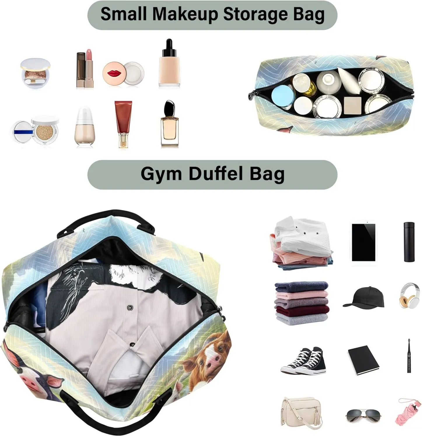 Cute Pig Animals Duffle Travel Bag Cosmetic Bags Set of 2, Flower Women Small Gym Bag Traveling Bags