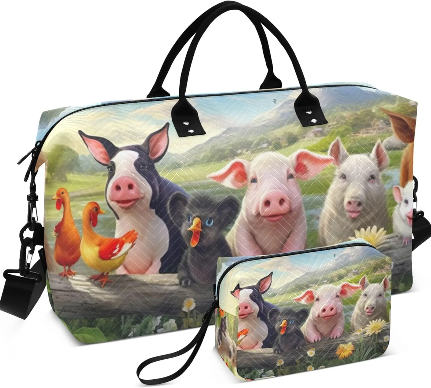 Cute Pig Animals Duffle Travel Bag Cosmetic Bags Set of 2, Flower Women Small Gym Bag Traveling Bags