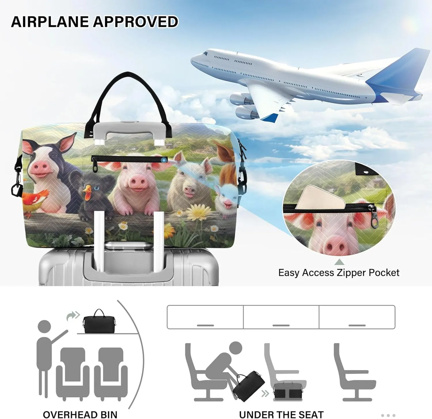 Cute Pig Animals Duffle Travel Bag Cosmetic Bags Set of 2, Flower Women Small Gym Bag Traveling Bags
