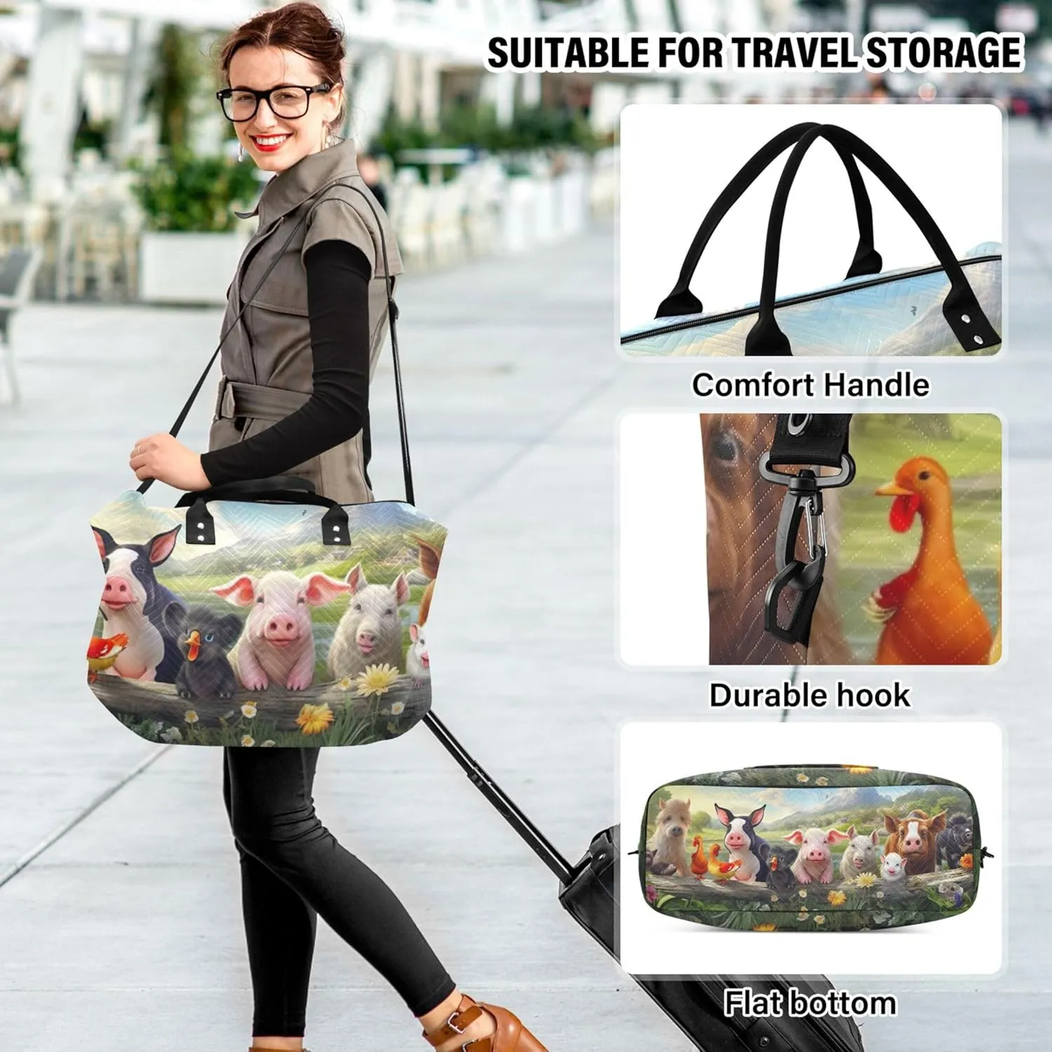 Cute Pig Animals Duffle Travel Bag Cosmetic Bags Set of 2, Flower Women Small Gym Bag Traveling Bags