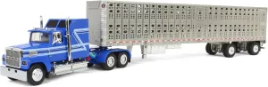 DCP First Gear 1/64 Blue Ford LTL 9000 60in Aerodyne Sleeper & Wilson Livestock Trailer 60-1769