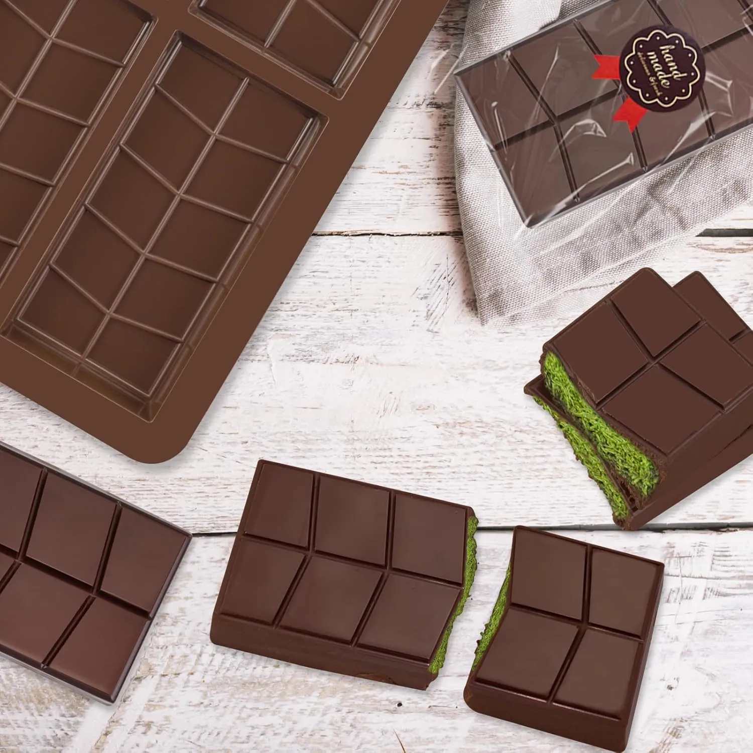 Deep Dubai Chocolate Bar Pistachio DIY Kit Molds Thick Silicone Molde,Large Moule Stuffed Candy Granola Chocolat Form Handmade Set Big with 100Pcs Clear Bags and 105Pcs Stickers and Scraper