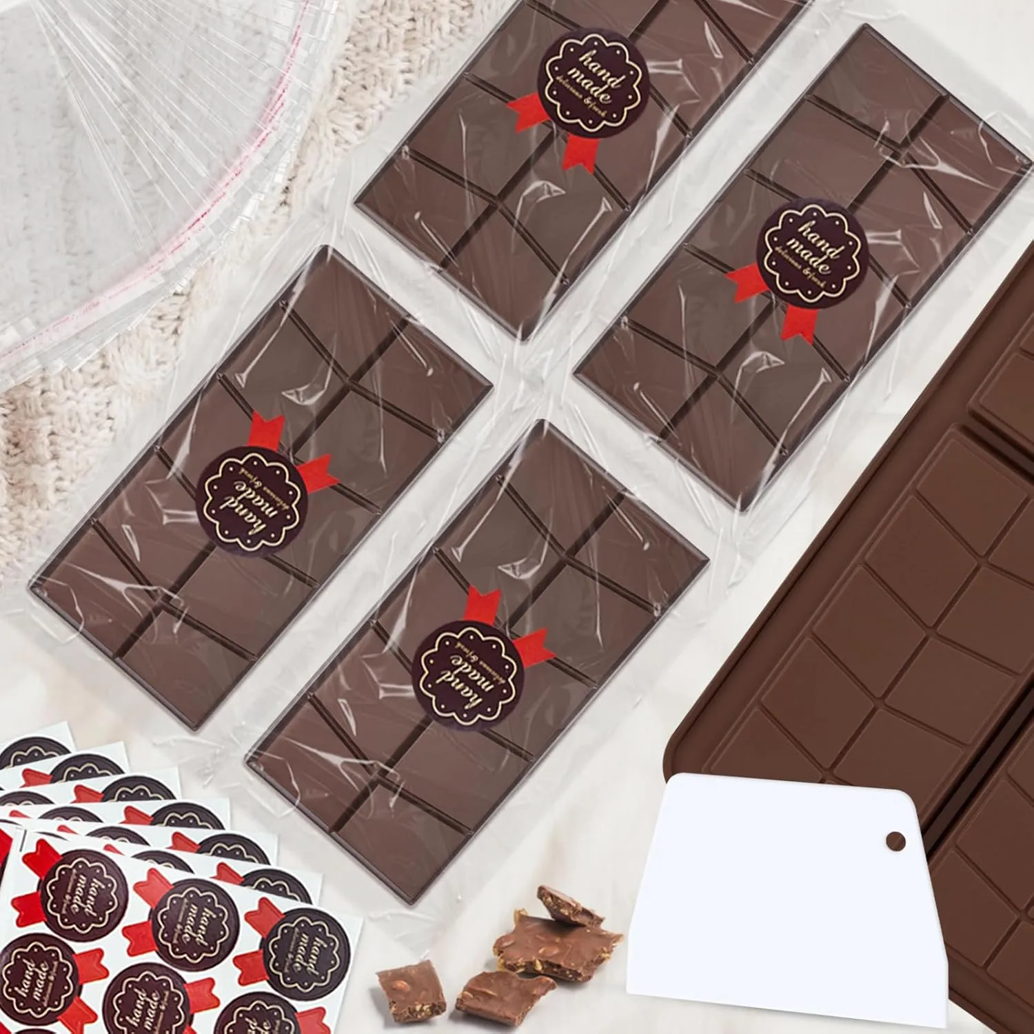 Deep Dubai Chocolate Bar Pistachio DIY Kit Molds Thick Silicone Molde,Large Moule Stuffed Candy Granola Chocolat Form Handmade Set Big with 100Pcs Clear Bags and 105Pcs Stickers and Scraper
