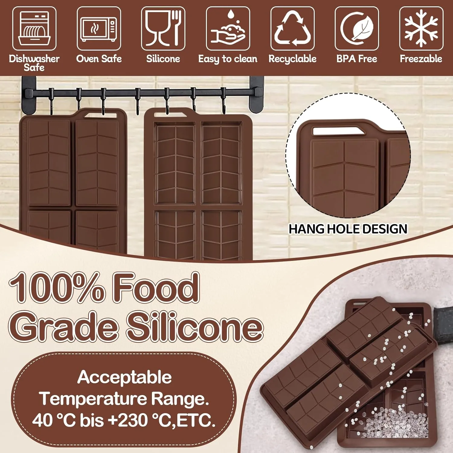Deep Dubai Chocolate Bar Pistachio DIY Kit Molds Thick Silicone Molde,Large Moule Stuffed Candy Granola Chocolat Form Handmade Set Big with 100Pcs Clear Bags and 105Pcs Stickers and Scraper
