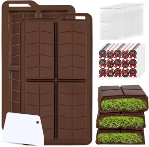Deep Dubai Chocolate Bar Pistachio DIY Kit Molds Thick Silicone Molde,Large Moule Stuffed Candy Granola Chocolat Form Handmade Set Big with 100Pcs Clear Bags and 105Pcs Stickers and Scraper