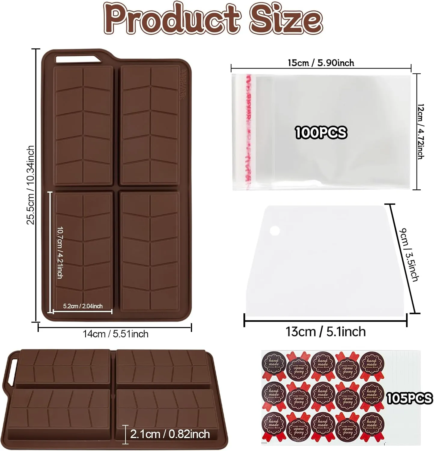 Deep Dubai Chocolate Bar Pistachio DIY Kit Molds Thick Silicone Molde,Large Moule Stuffed Candy Granola Chocolat Form Handmade Set Big with 100Pcs Clear Bags and 105Pcs Stickers and Scraper