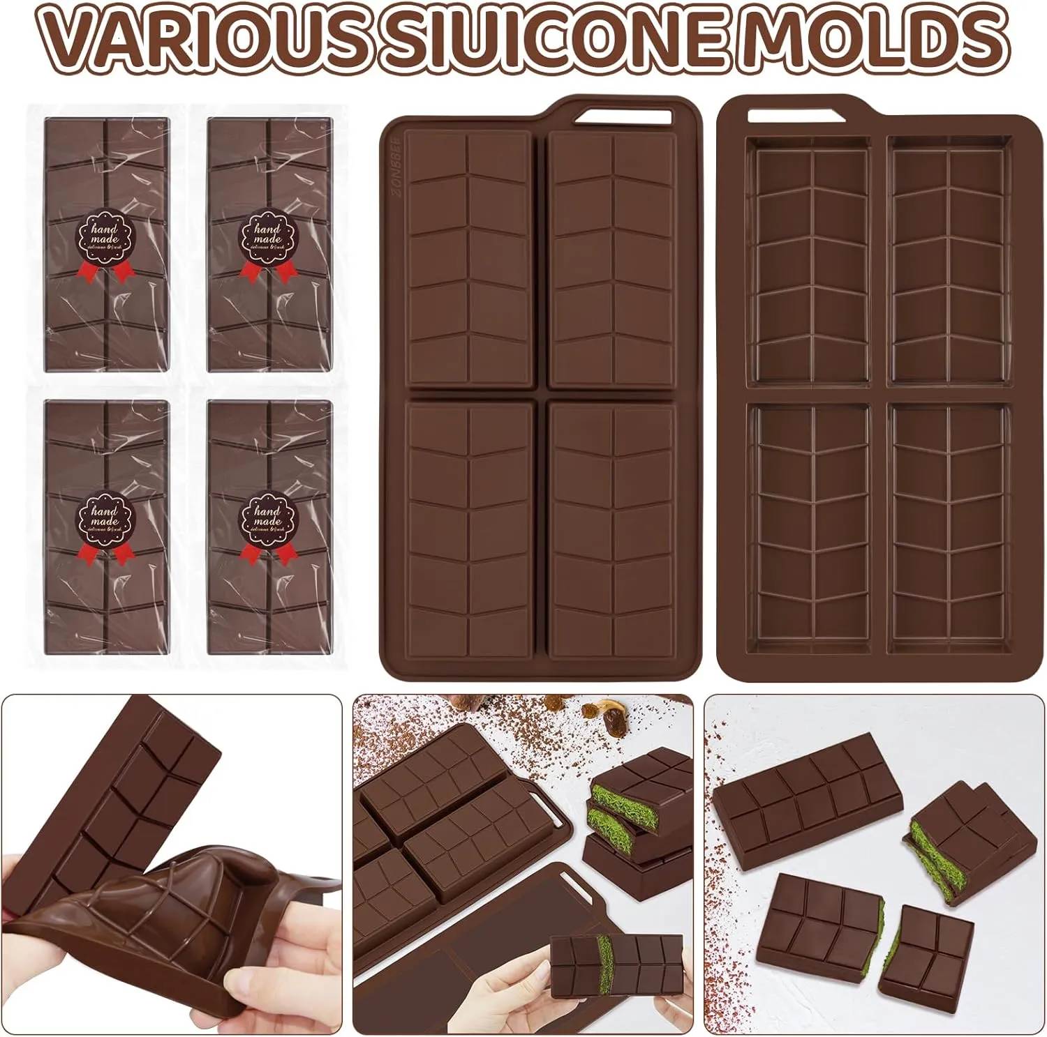 Deep Dubai Chocolate Bar Pistachio DIY Kit Molds Thick Silicone Molde,Large Moule Stuffed Candy Granola Chocolat Form Handmade Set Big with 100Pcs Clear Bags and 105Pcs Stickers and Scraper