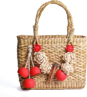 Desi Favors Handmade Natural Grass Bag Tassel & Flowers Tote Bag for Women Girl