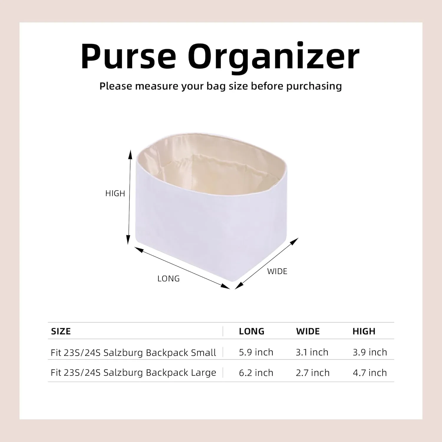 DGAZ Lightweight Purse Organizer Insert for Chanel 23s/24s Salzburg Backpack Bags,silk and DupontPaper handbag inner for Luxury Bags(Craie,S)