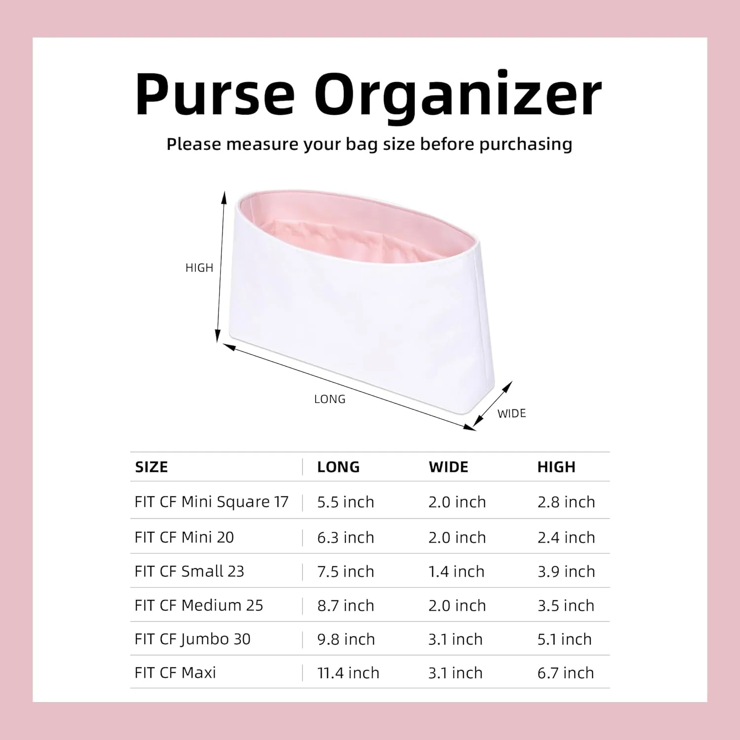 DGAZ Lightweight Purse Organizer Insert for Chanel CF Bag,Silk and Dupontpaper handbag inner for Luxury Bags(Pink,CF medium 25)