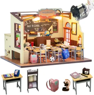 DIY Dollhouse Kit Miniature Classroom Wooden Model Handmade Room Building Set, with LED Lights and Music for Friends Teachers Best Graduation Christmas (Without Dust Cover)