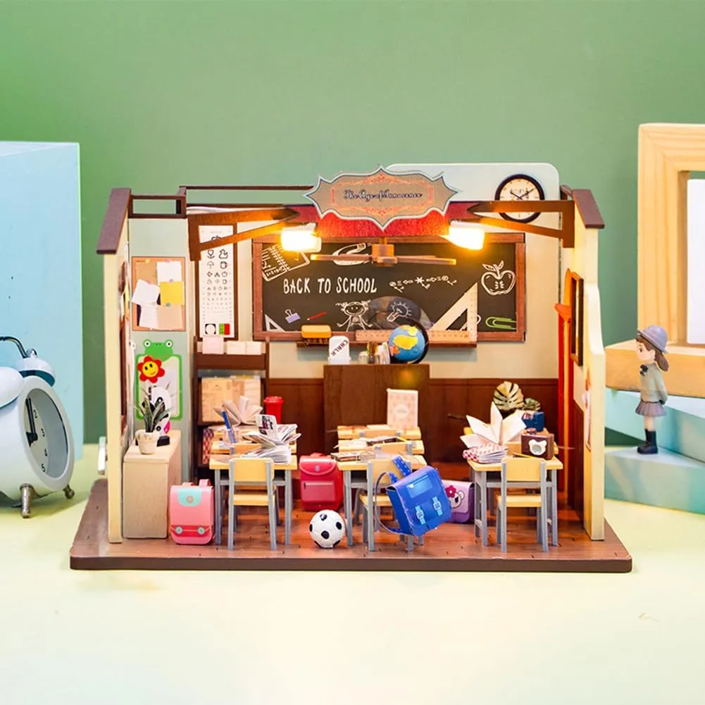 DIY Dollhouse Kit Miniature Classroom Wooden Model Handmade Room Building Set, with LED Lights and Music for Friends Teachers Best Graduation Christmas (Without Dust Cover)