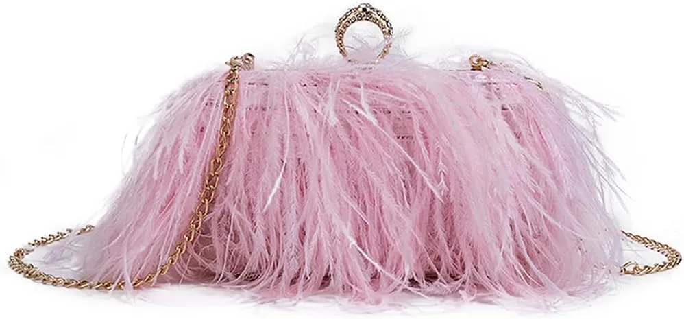 DJBM Women's Ostrich Feather Clutch Evening Bag Smooth Fluffy Purse Fashion Rhinestone Tote Bag for Wedding Party