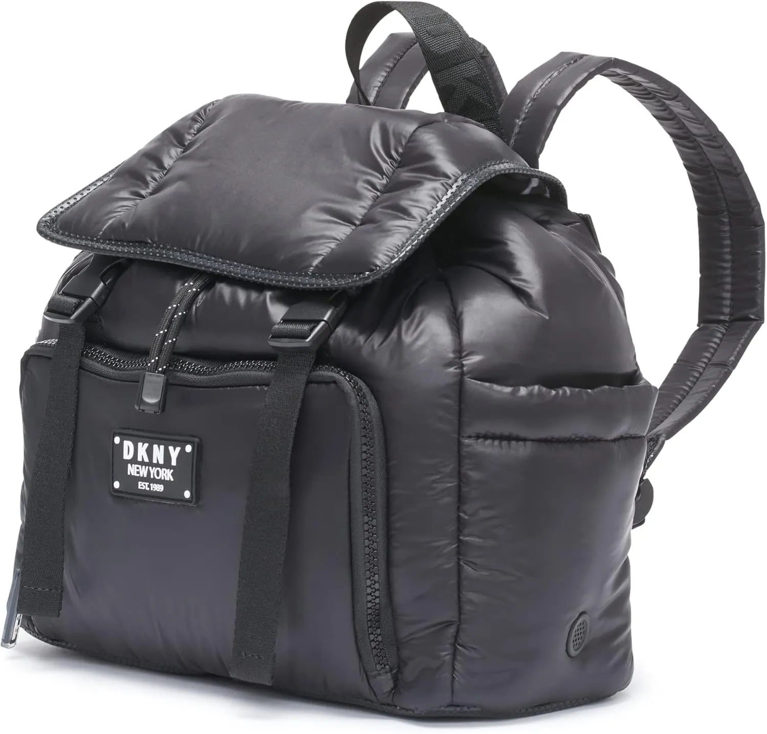 DKNY Women's Lightweight Foldover Backpack with Buckle Straps, Black, One Size