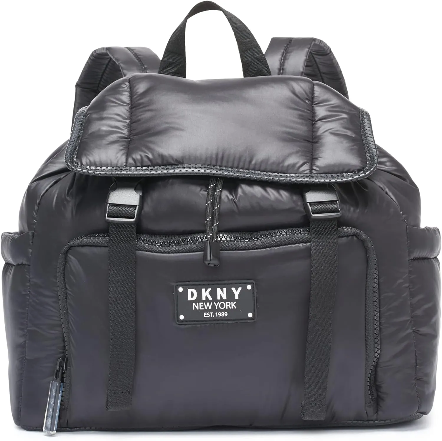 DKNY Women's Lightweight Foldover Backpack with Buckle Straps, Black, One Size