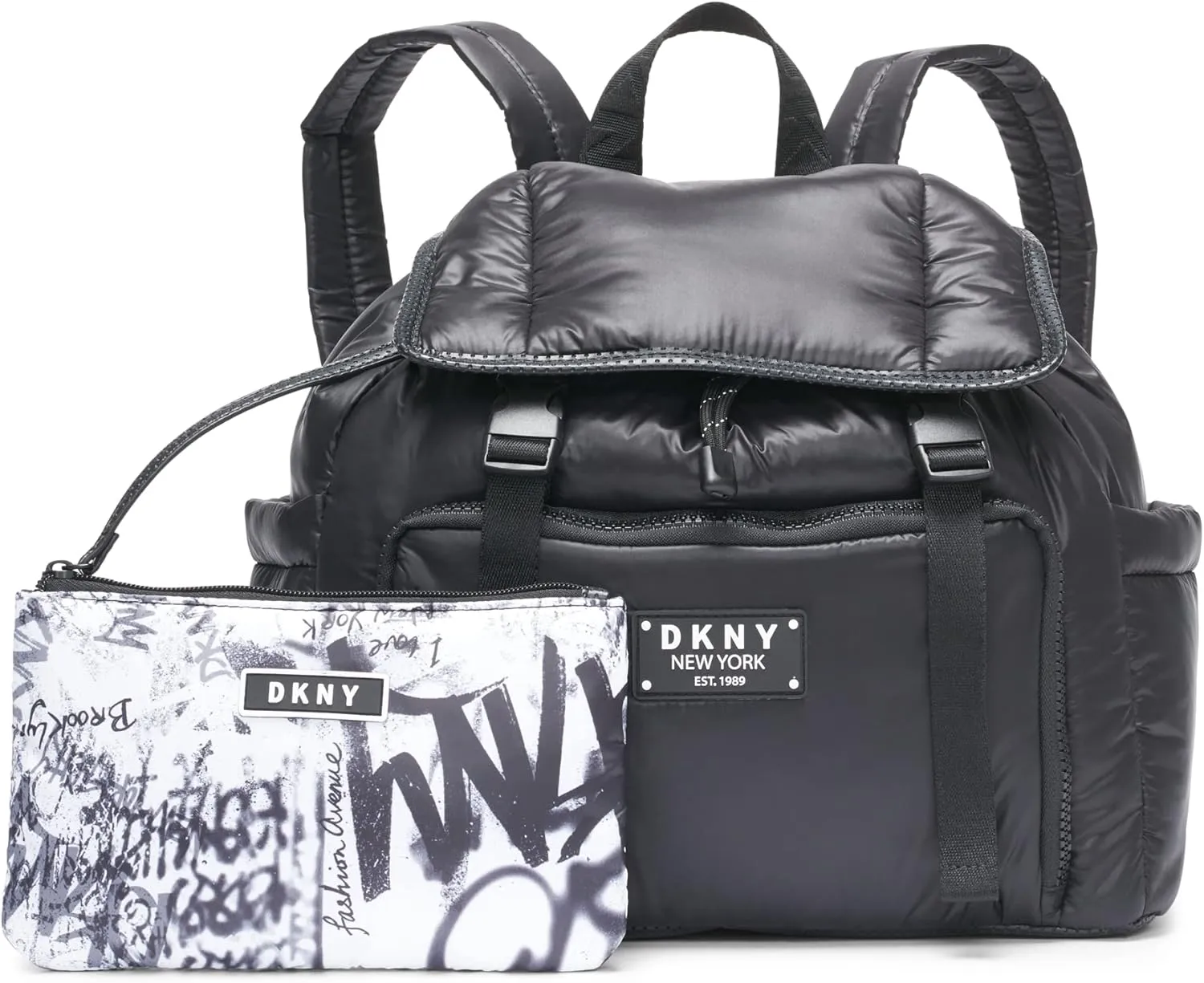 DKNY Women's Lightweight Foldover Backpack with Buckle Straps, Black, One Size