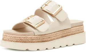 DOEYG Raffia Platform Wedges Sandals for Women Summer Beach Slide Sandals Comfortable Casual Woven Straw Crochet Open Toe Flatform Sandal