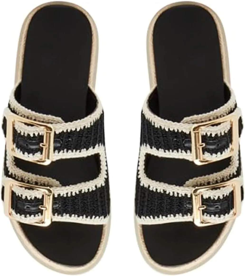 DOEYG Raffia Platform Wedges Sandals for Women Summer Beach Slide Sandals Comfortable Casual Woven Straw Crochet Open Toe Flatform Sandal