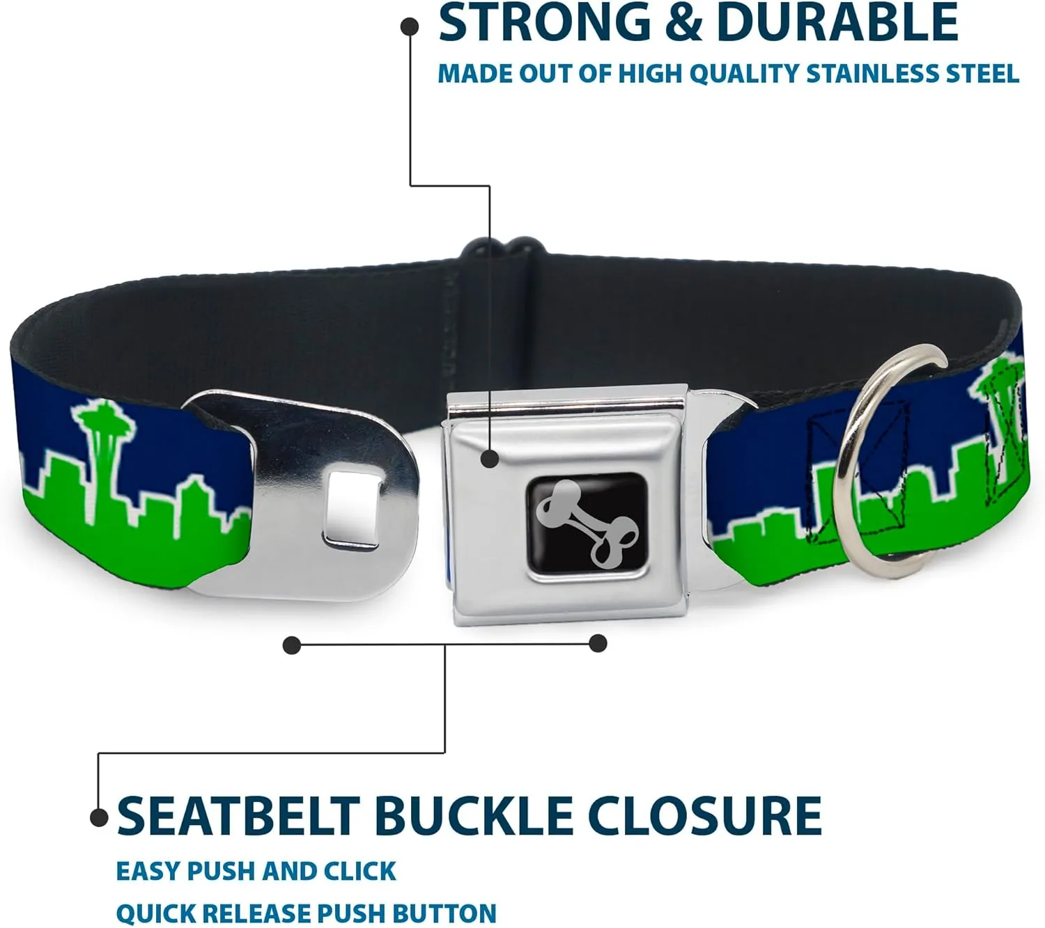 Dog Collar Seatbelt Buckle Seattle Skyline Navy Bright Green 15 to 26 Inches 1.0 Inch Wide