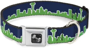 Dog Collar Seatbelt Buckle Seattle Skyline Navy Bright Green 15 to 26 Inches 1.0 Inch Wide