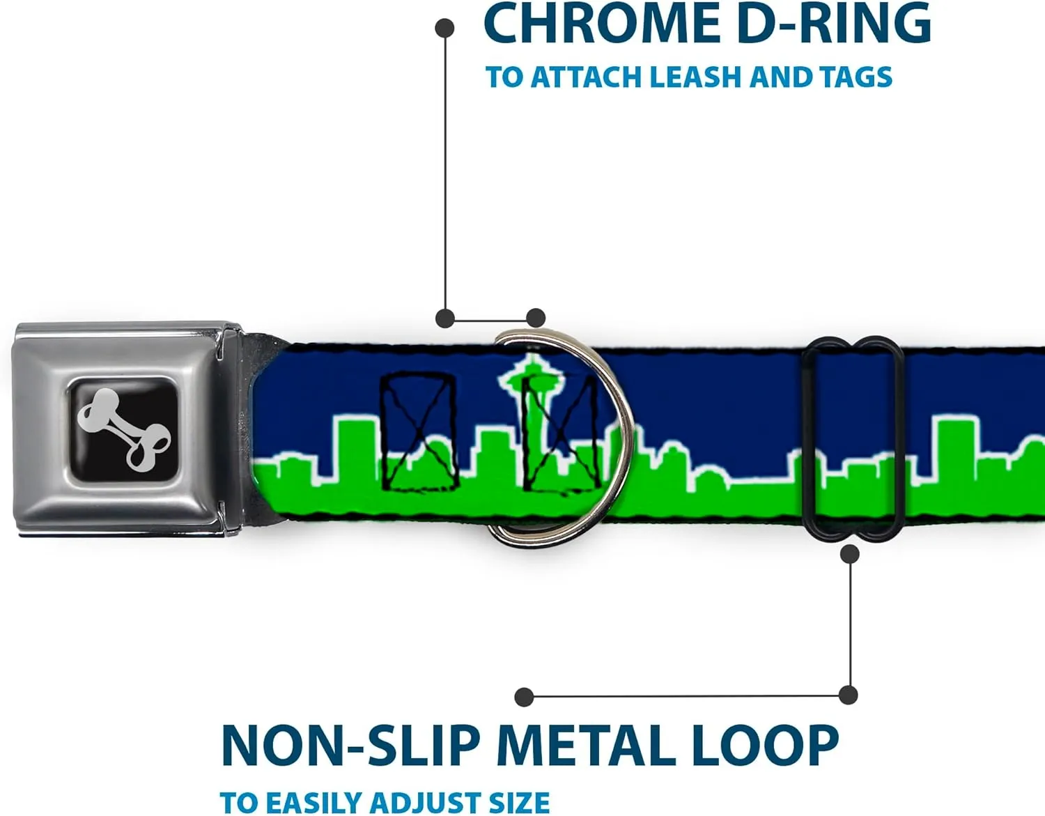 Dog Collar Seatbelt Buckle Seattle Skyline Navy Bright Green 15 to 26 Inches 1.0 Inch Wide