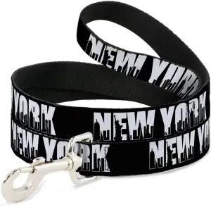 Dog Leash New York Bold Skyline Silhouette Black White Black 6 Feet Long 1.0 Inch Wide
