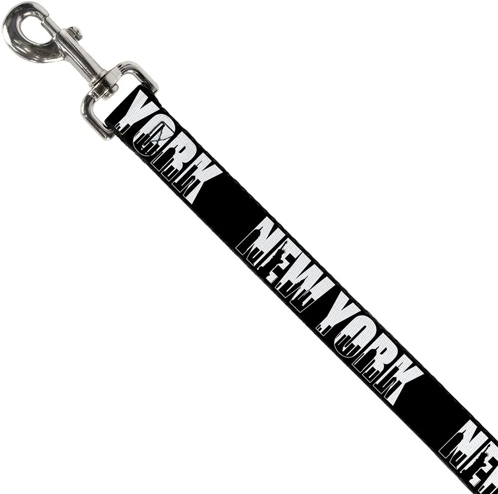 Dog Leash New York Bold Skyline Silhouette Black White Black 6 Feet Long 1.0 Inch Wide