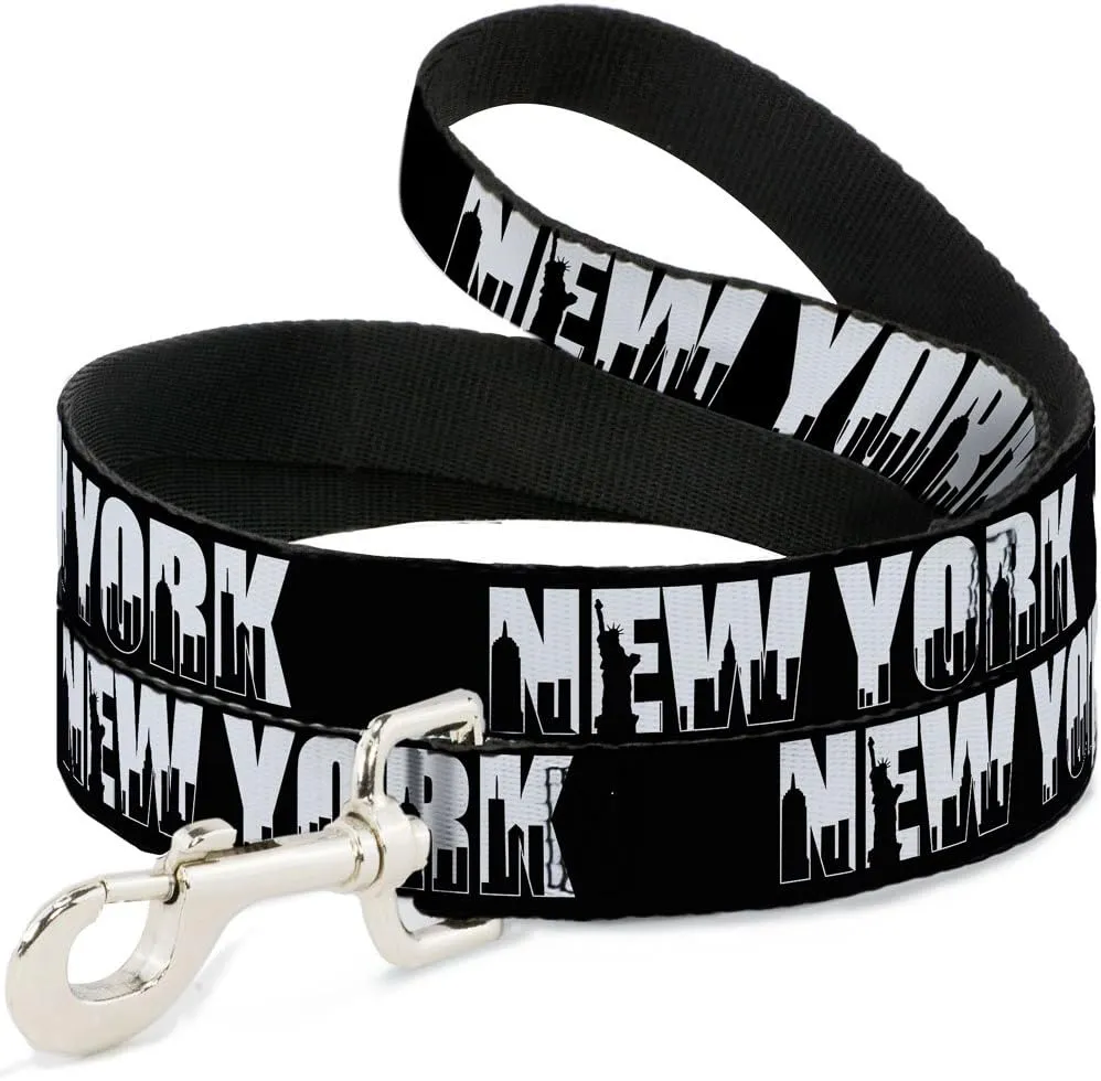Dog Leash New York Bold Skyline Silhouette Black White Black 6 Feet Long 1.0 Inch Wide