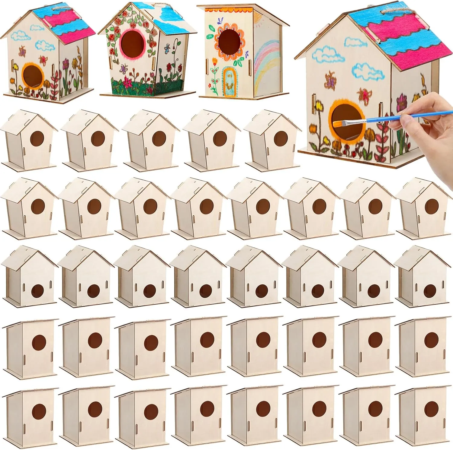 DoubleFill 12 Pcs Bulk Wooden Bird Houses Kits for Kids DIY Bird House Kit Unfinished Wood Birdhouse Wooden Crafts to Paint, Build, and DIY for Boys Girls Crafts Classroom Activity, 3 Styles