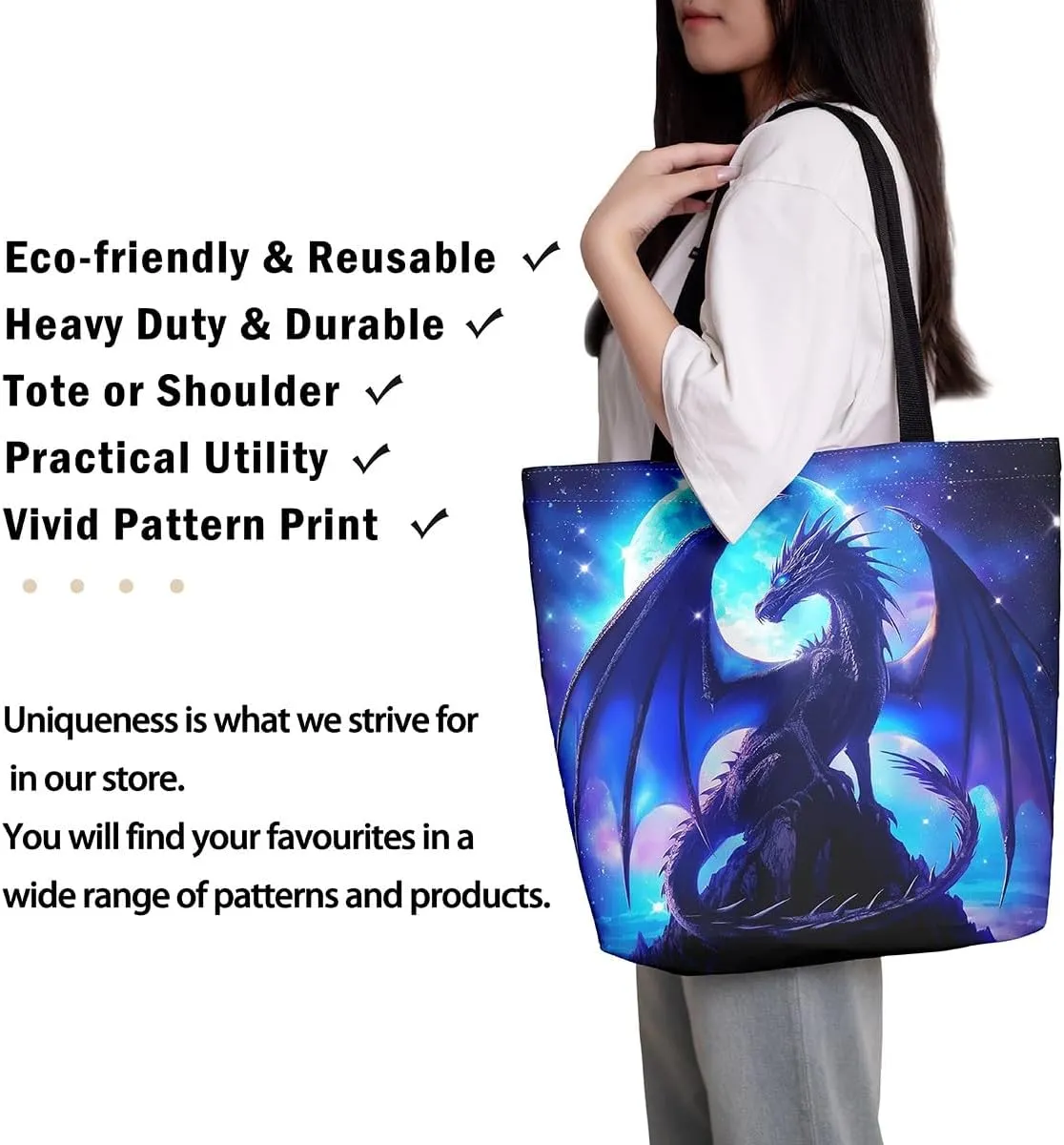 Dragon Tote Bag Fantasy Dragon Reusable Grocery Bag Exotic Animal Wildlife Shopping Handbag