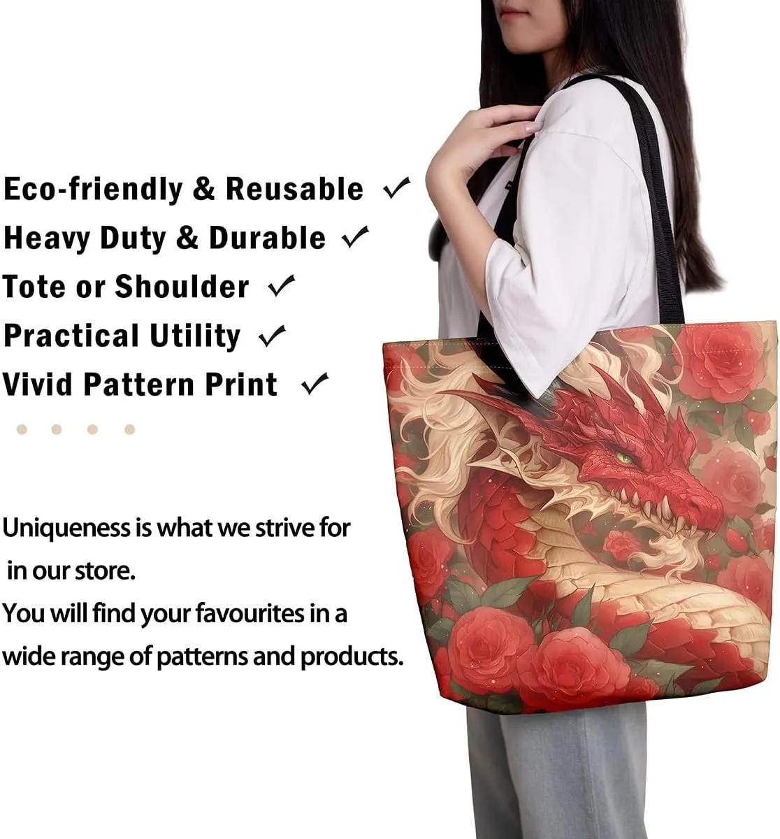 Dragon Tote Bag Fantasy Dragon Reusable Grocery Bag Exotic Animal Wildlife Shopping Handbag