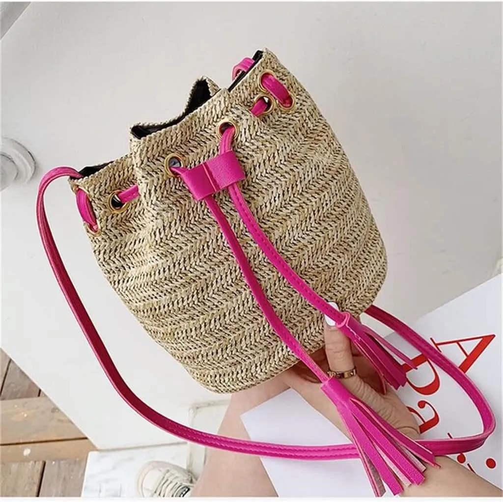 Drawstring Women's Bucket Bag Woven Shoulder Bags Shopping Purse Beach Handbag