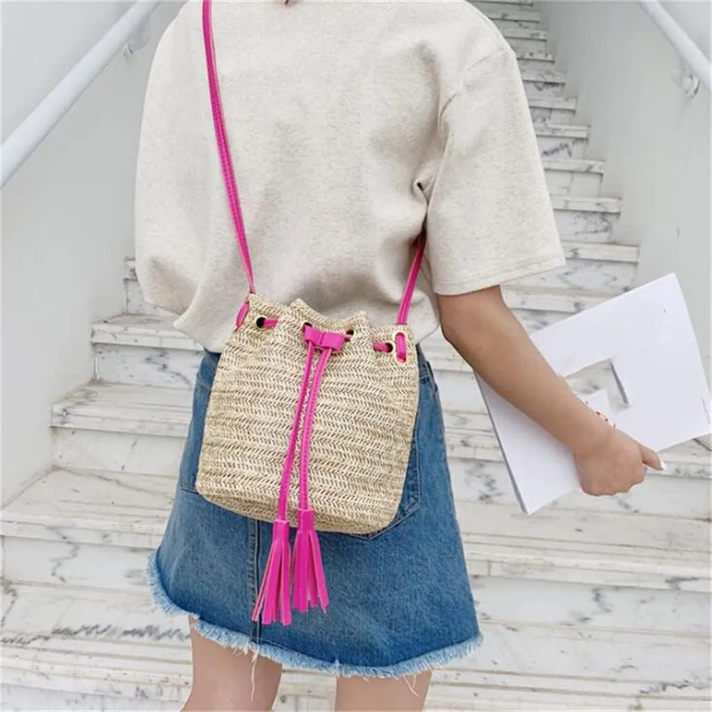 Drawstring Women's Bucket Bag Woven Shoulder Bags Shopping Purse Beach Handbag