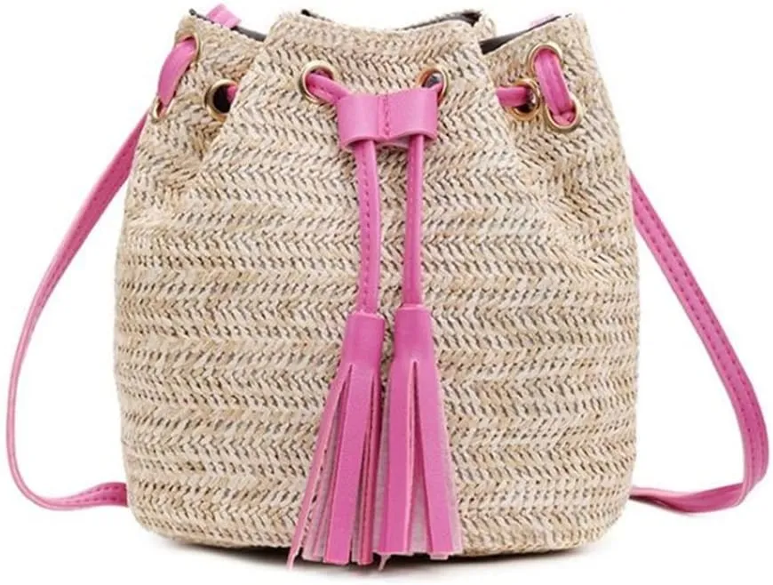 Drawstring Women's Bucket Bag Woven Shoulder Bags Shopping Purse Beach Handbag