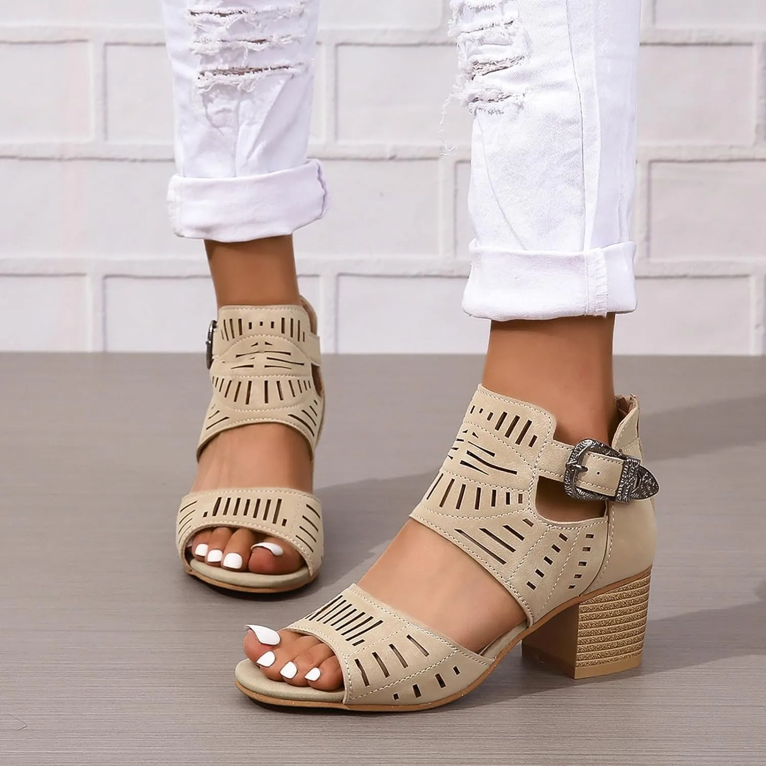 Dressy Sandals for Women Summer Peep Toe Cutout Booties Fashion Chunky Heel Sandals Ankle Strap Buckle Heeled Sandals