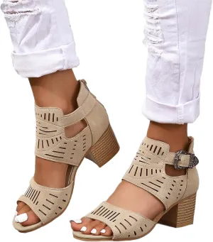 Dressy Sandals for Women Summer Peep Toe Cutout Booties Fashion Chunky Heel Sandals Ankle Strap Buckle Heeled Sandals