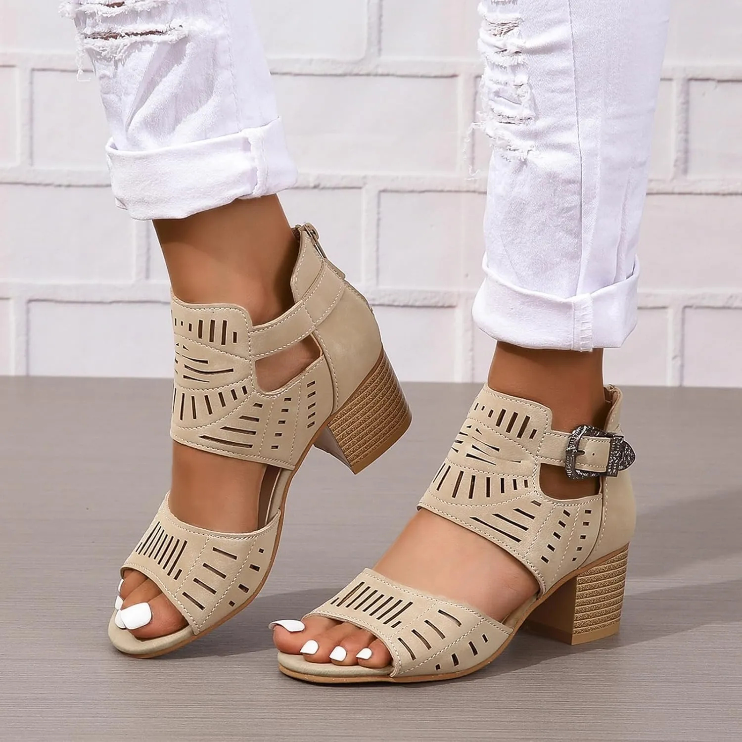 Dressy Sandals for Women Summer Peep Toe Cutout Booties Fashion Chunky Heel Sandals Ankle Strap Buckle Heeled Sandals
