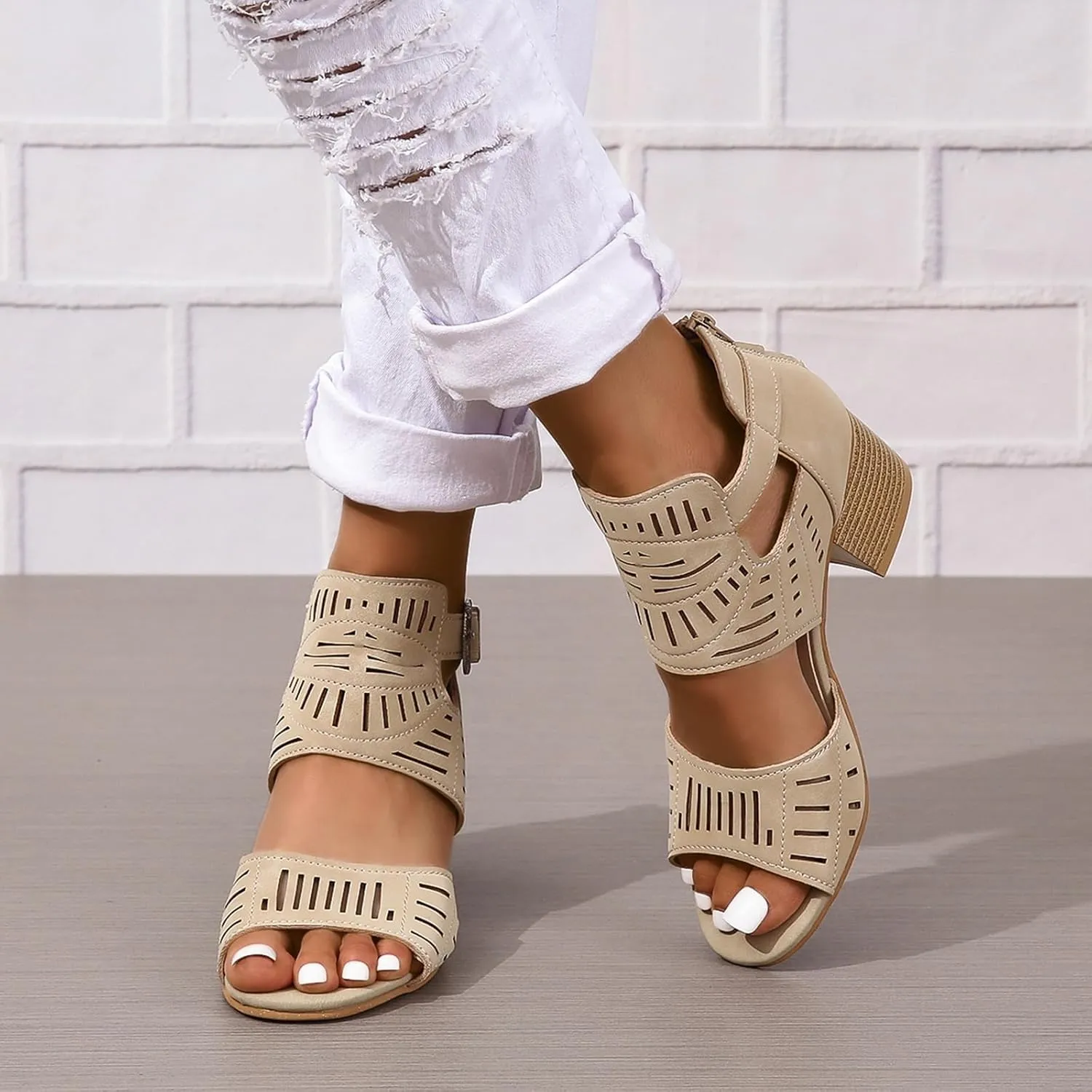 Dressy Sandals for Women Summer Peep Toe Cutout Booties Fashion Chunky Heel Sandals Ankle Strap Buckle Heeled Sandals