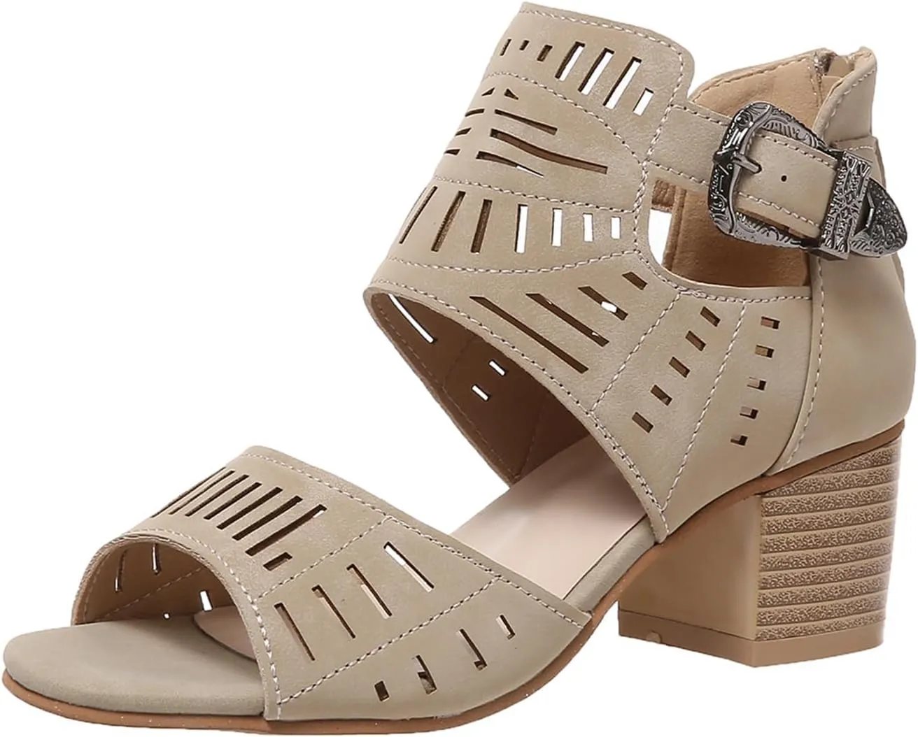 Dressy Sandals for Women Summer Peep Toe Cutout Booties Fashion Chunky Heel Sandals Ankle Strap Buckle Heeled Sandals
