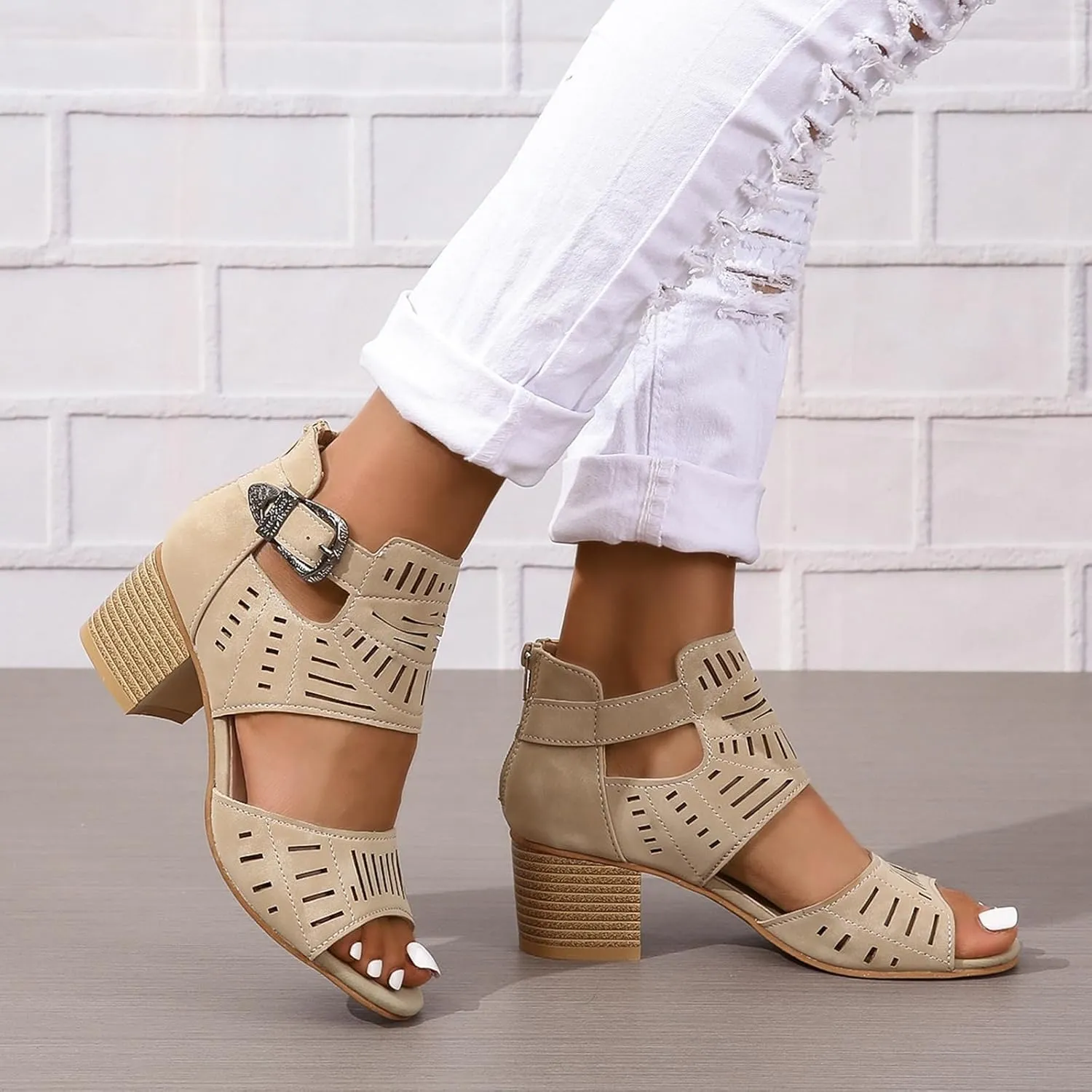 Dressy Sandals for Women Summer Peep Toe Cutout Booties Fashion Chunky Heel Sandals Ankle Strap Buckle Heeled Sandals