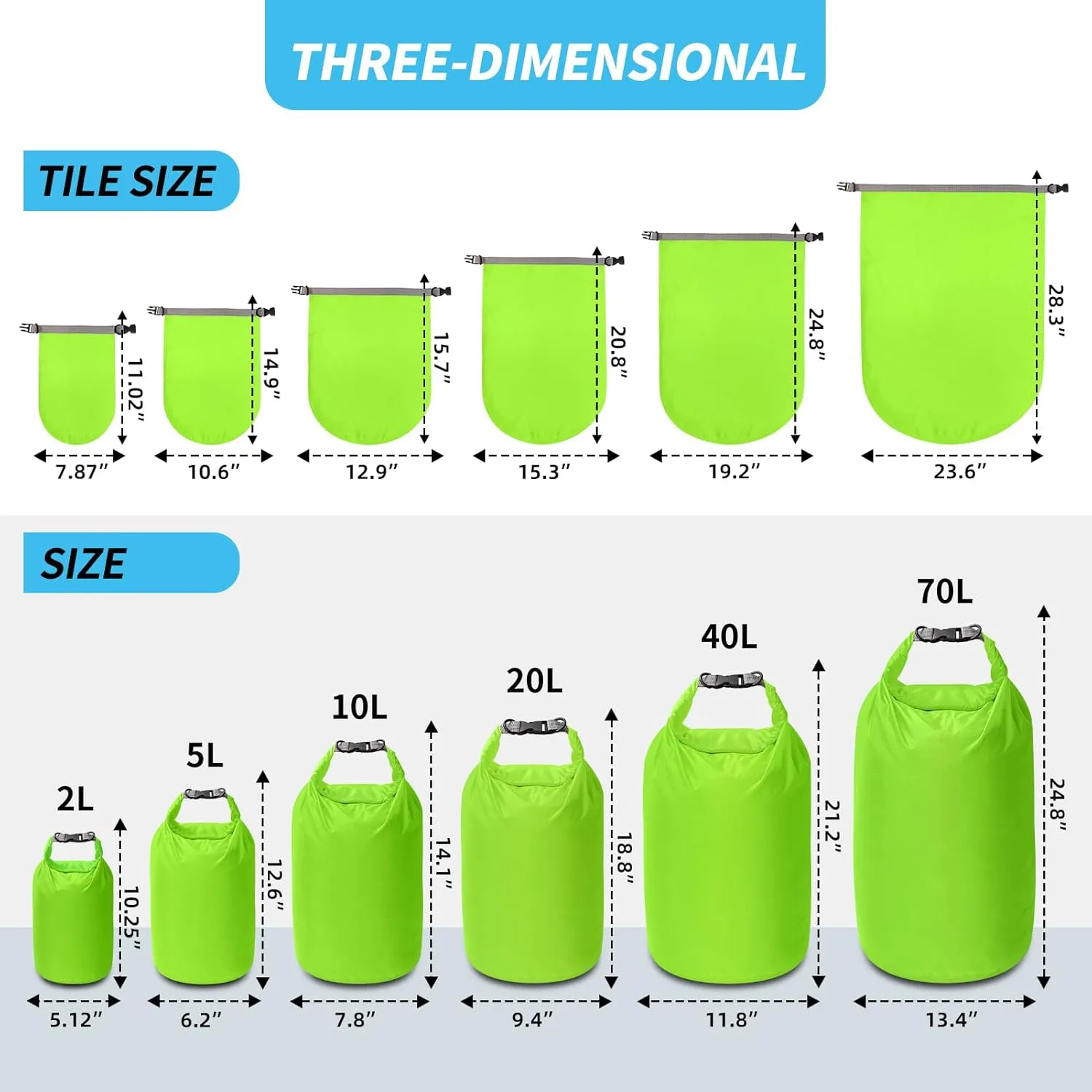 Dry Bag Set, Waterproof Small Lightweight Dry Bags for Paddle Board Kayaking, Fishing, Camping (Green, 70L 2Pack)