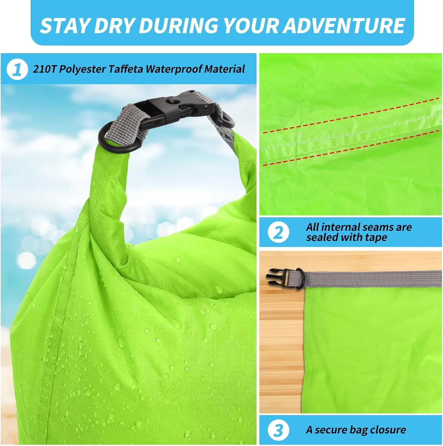 Dry Bag Set, Waterproof Small Lightweight Dry Bags for Paddle Board Kayaking, Fishing, Camping (Green, 70L 2Pack)