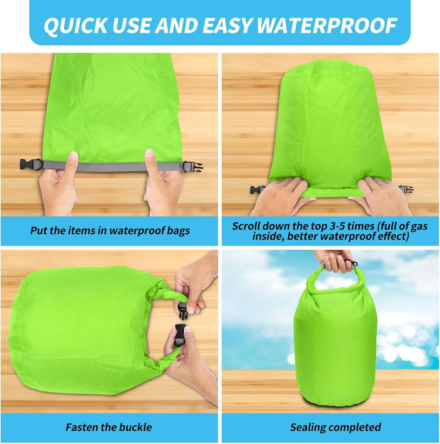 Dry Bag Set, Waterproof Small Lightweight Dry Bags for Paddle Board Kayaking, Fishing, Camping (Green, 70L 2Pack)