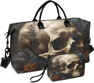 Duffel Bag Set for Travel Gym Sport, Weekender Bag Carry on Overnight Bags for Women Men-Gothic Feather Skull Print