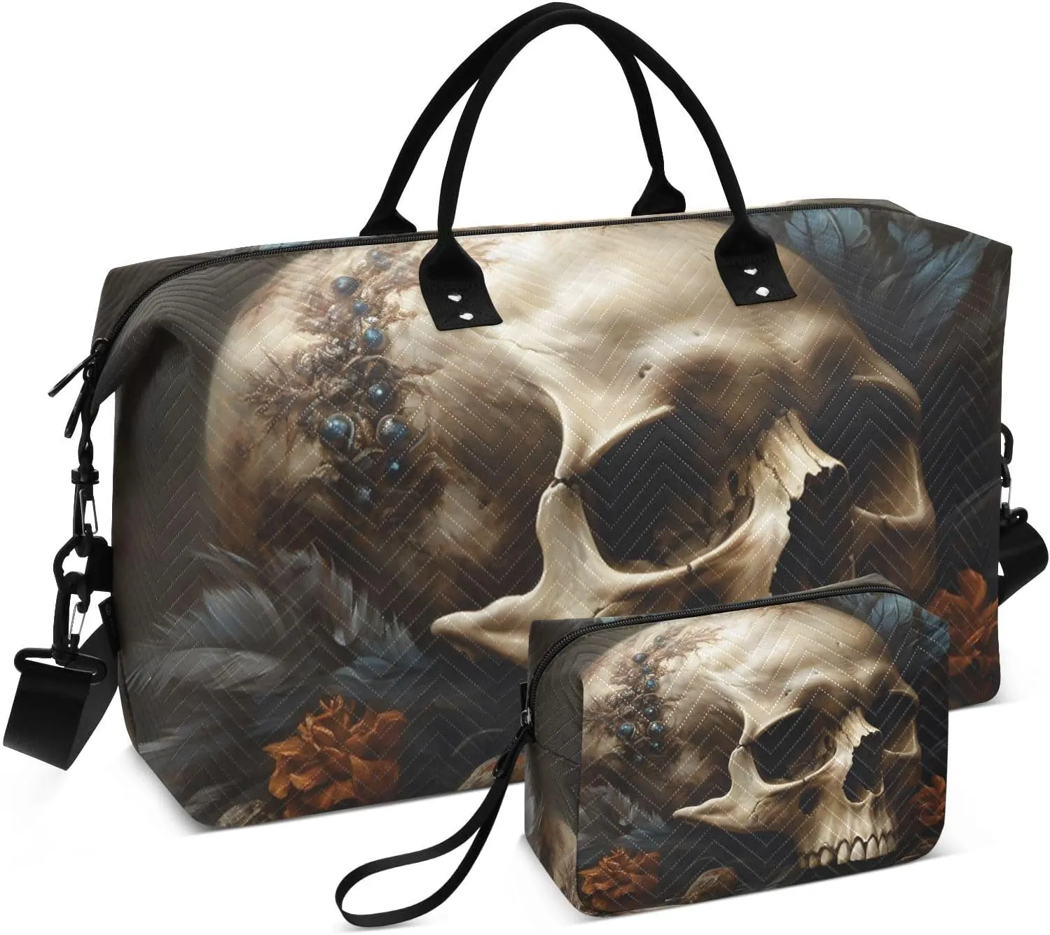 Duffel Bag Set for Travel Gym Sport, Weekender Bag Carry on Overnight Bags for Women Men-Gothic Feather Skull Print