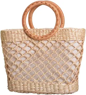 Eforcase Women Straw Bag Large Woven Bag Round Handle Ring Tote Purse Retro Handbags Summer Beach Bag
