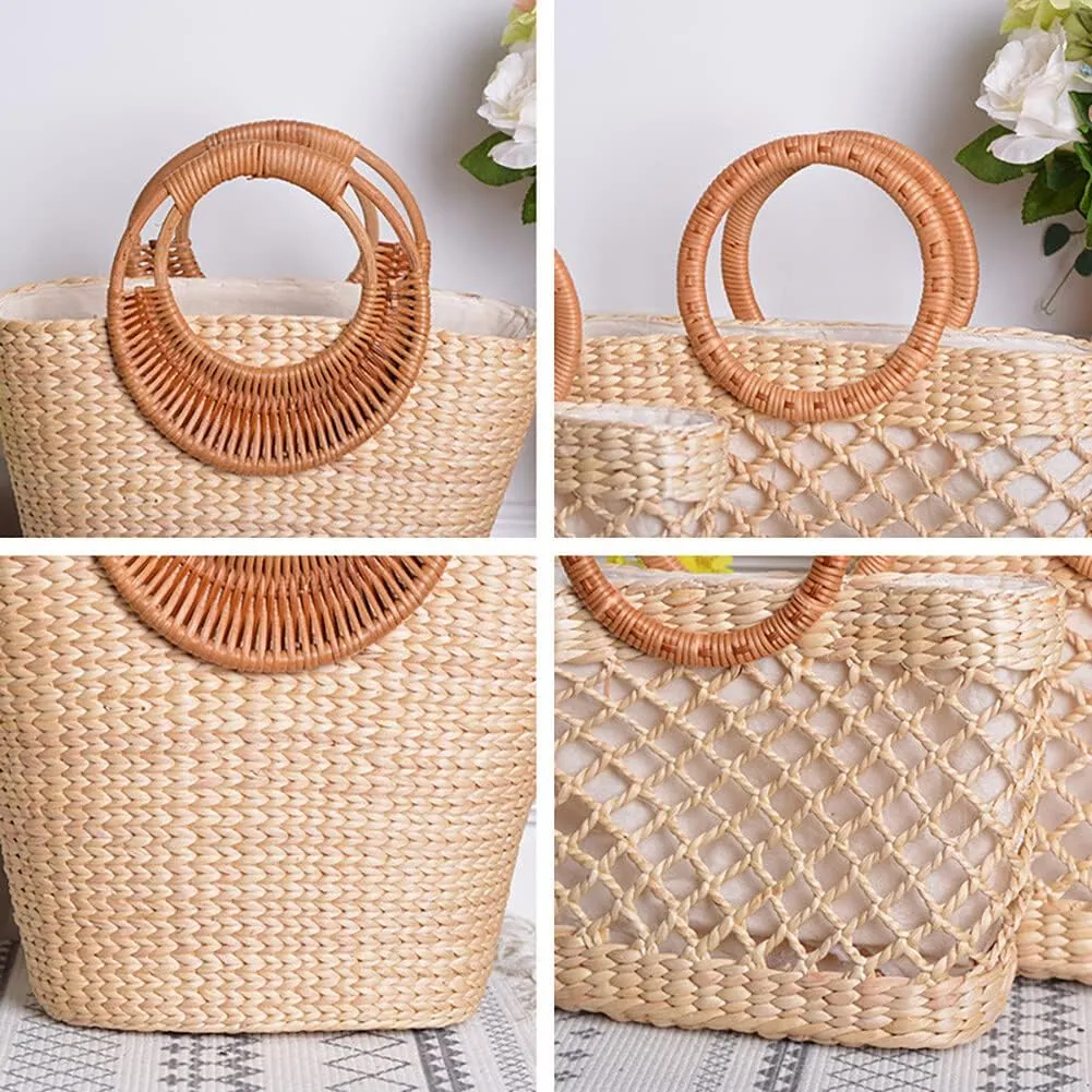 Eforcase Women Straw Bag Large Woven Bag Round Handle Ring Tote Purse Retro Handbags Summer Beach Bag
