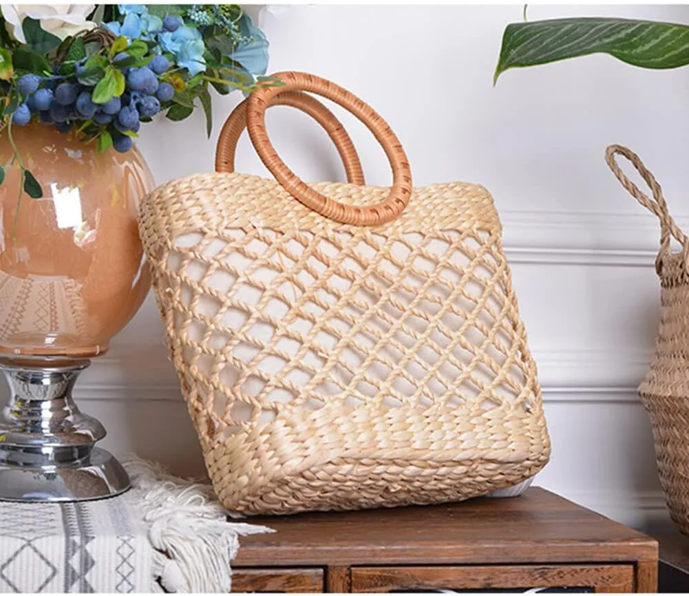 Eforcase Women Straw Bag Large Woven Bag Round Handle Ring Tote Purse Retro Handbags Summer Beach Bag