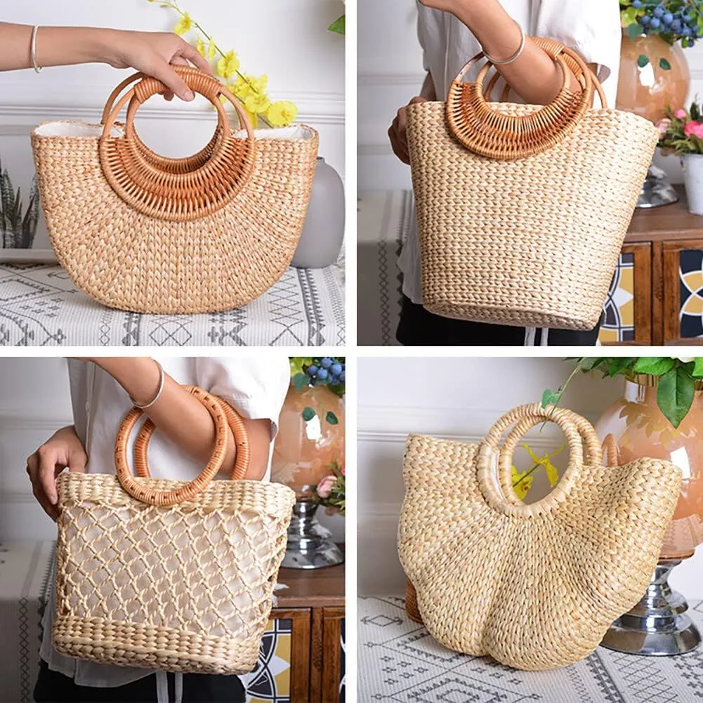 Eforcase Women Straw Bag Large Woven Bag Round Handle Ring Tote Purse Retro Handbags Summer Beach Bag
